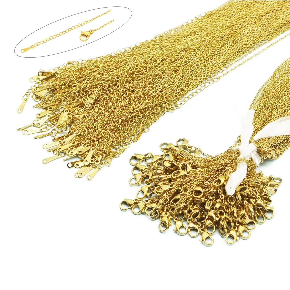 100pcs/Lot Bulk Wholesale 304 Stainless Steel Cable Link Rolo Chain Necklace Gold Color 45-50cm for DIY Jewelry Making Women 240104