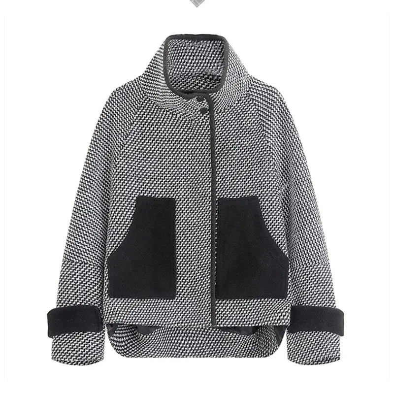 Fashion Trend Short Woolen Coat Women Winter Bat-Sleeve Suit Collar Thousand Bird Check All Match Woolen Coats female 231229