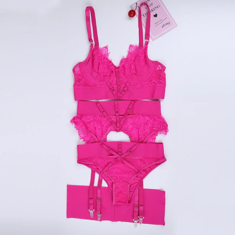 Sexy Lingerie 4 Pieces Underwear Set For Women Mesh Bondage Lace Underwear Erotic Transparent Bra and Thong Pants Garters Set 240105