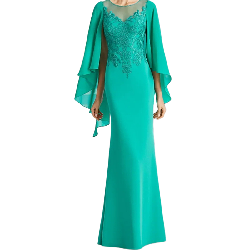 Long Elegant Mother Green of the Bride Dresses Lace Appliques Cape Sleeves Crew Neck Floor Length Wedding Guest Gowns Godmother Formal Dress Custom Ma