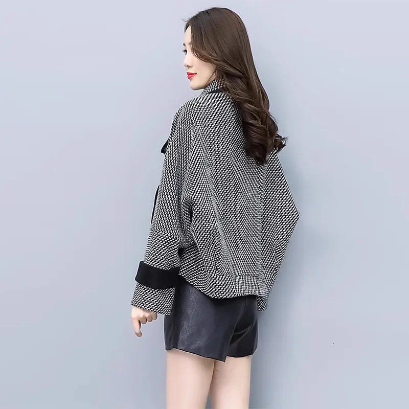 Fashion Trend Short Woolen Coat Women Winter Bat-Sleeve Suit Collar Thousand Bird Check All Match Woolen Coats female 231229