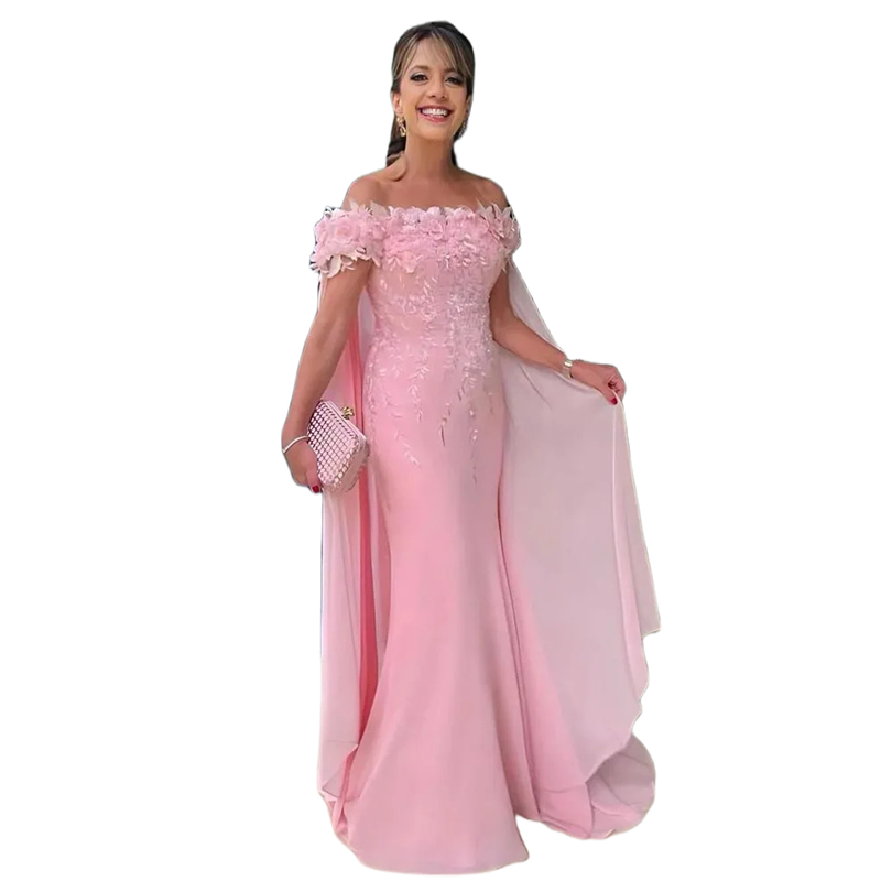 Elegant Pink Mother Of The Bride Dresses With 3D Floral Appliques Off The Shouder Long Wedding Guest Dress Custom Made Women Formal Occasion Gown Even