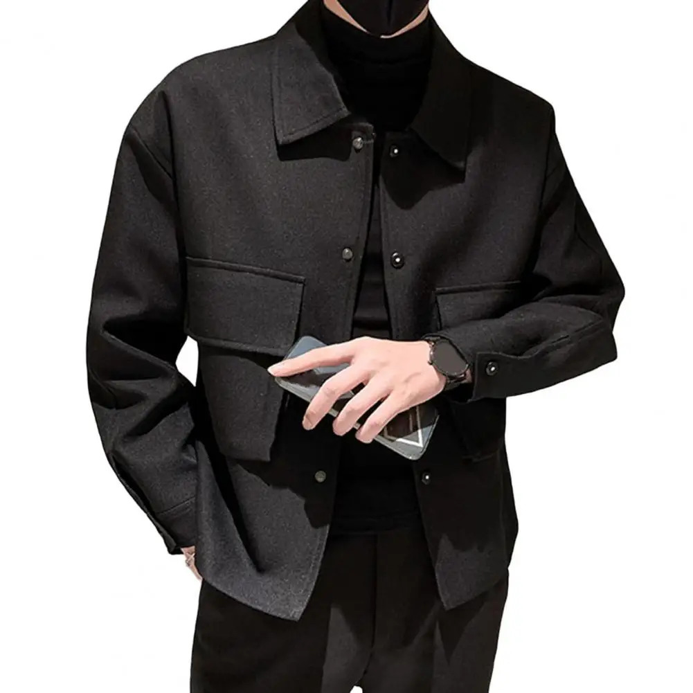 Winter Mens Wool Trench Coat Jacket Short Slim Fit Casual Coats Korean Solid Color Steetwear Windbreaker Turndown Collar Outwear 240105