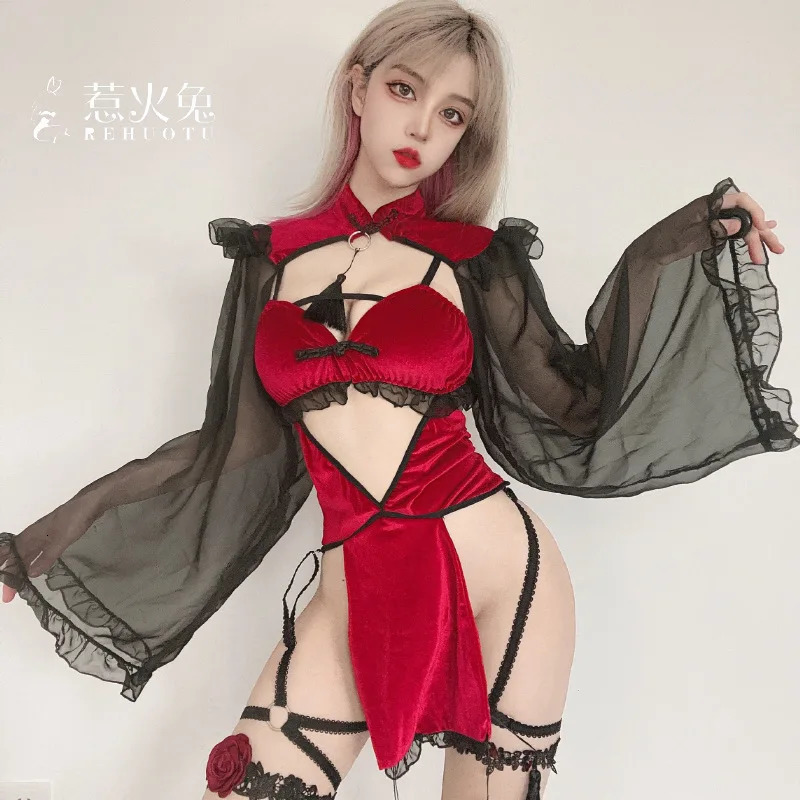 Sexy Underwear Dark Witch Hollowed-out Silk Sleeve Cheongsam Suit Witch Game Dress with Sexy Underwear Uniform 240105
