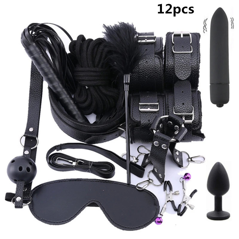 Leather BDSM Kit Bondage Set Adult Toys Sex Games Handcuffs Whip sm Sex Toy Kits Exotic Accessories Erotic Sex Toys for Couples 240105
