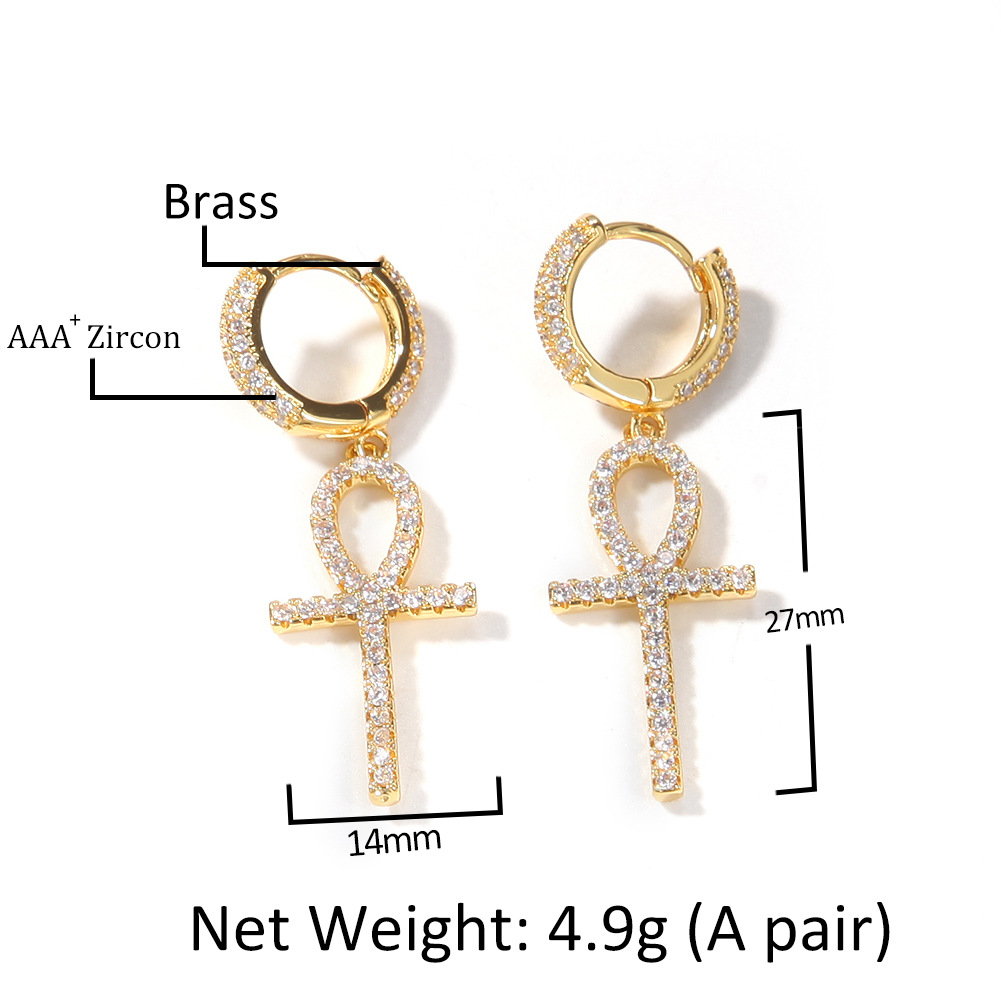 Hip Hop Shining Cross Drop Earrings Full White Zircon Dangle Earrings 18K Real Gold Plated Religion Jewelry
