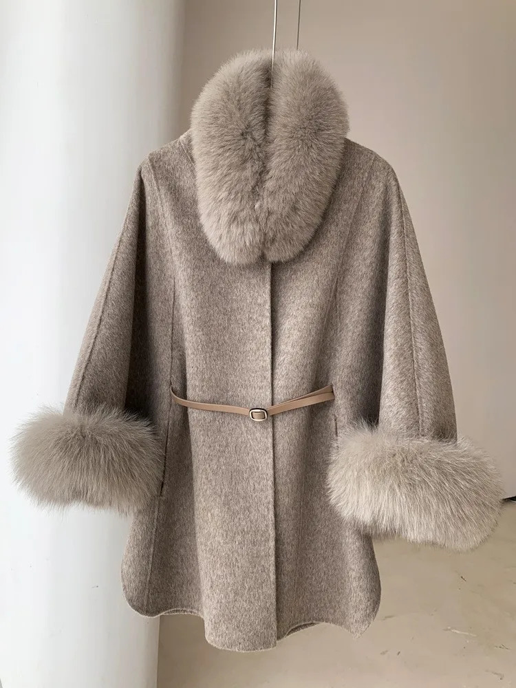 Arrivals Women Winter Wool Cape Fashionable Cashmere Wool Poncho Lady Real Fox Fur Cloak Fur Collar Cuff Jackets Streetwears 240105