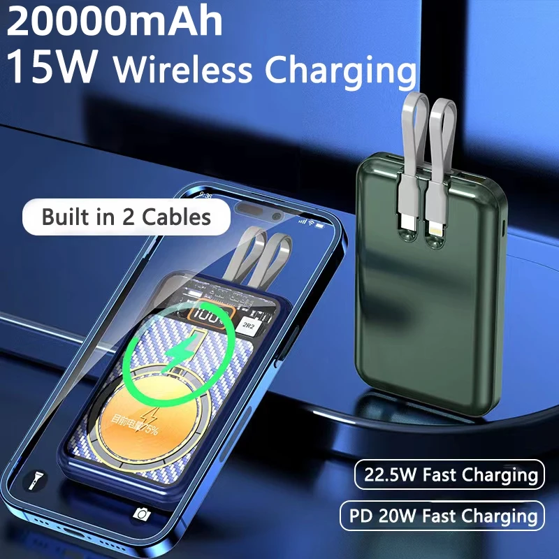 15W Magnetic Qi Wireless 20000mAh Power Bank for iPhone 14 13 Huawei Samsung Powerbank Portable Charger Built in Cable