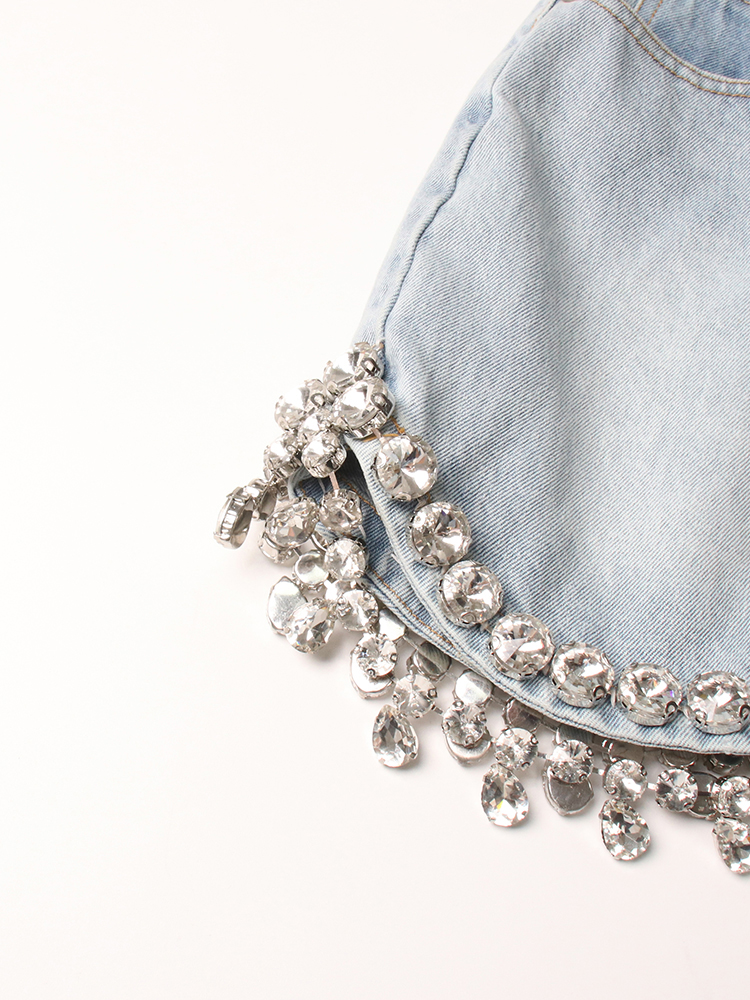 Women's spring new denim jeans diamonds rhinestone chains patchwork blazer coat and skirt twinset 2 pc dress suit SML