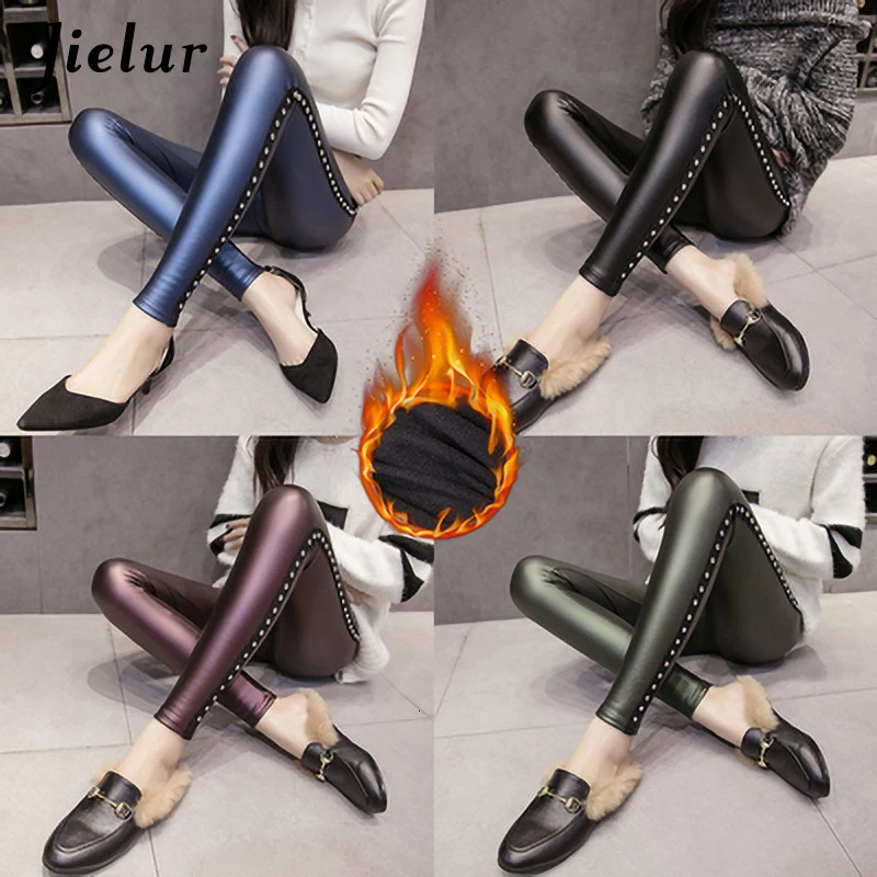 Jielur PU Leather legging Winter Fleece Matte Chic Rivets Push Up Pencil Pants 4 Colors Slim Lady Leggings SXXXL 240105