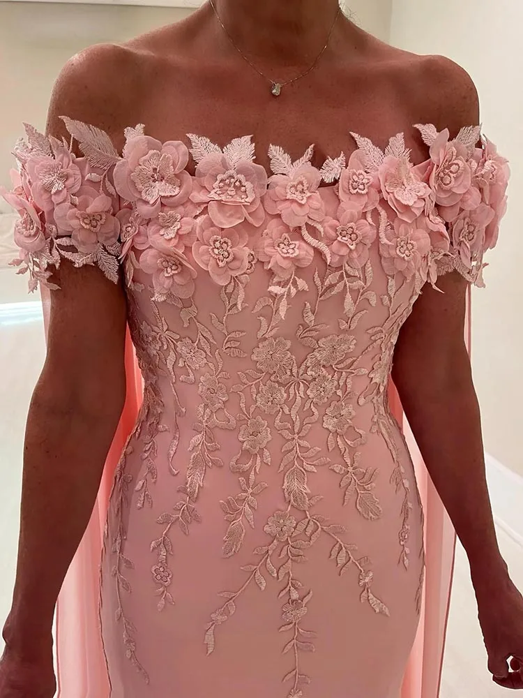 Elegant Pink Mother Of The Bride Dresses With 3D Floral Appliques Off The Shouder Long Wedding Guest Dress Custom Made Women Formal Occasion Gown Even