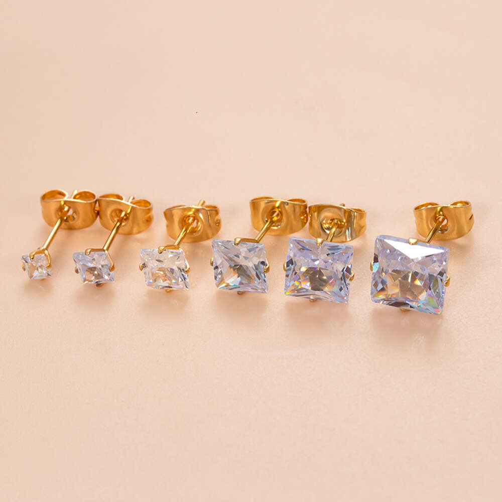 3-8mm Vintage Iced Out Cubic Zirconia Square Stud Earring Bling Prong Cz Stone Surgical Titanium Stainless Steel Wolf Tide Piercing Jewelry Bijoux Who