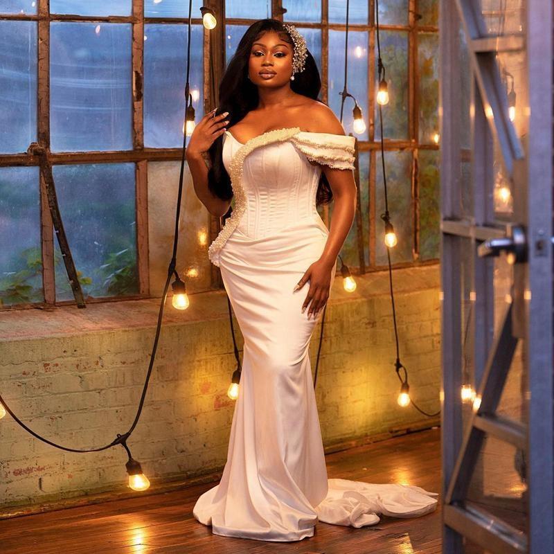 Ebi Aso Prom Mermaid Off Shoulder Pearls Formal Evening Dresses Eleagnt For African Black Women Birthday Party Dress Second Reception Gowns Ocns ST 02