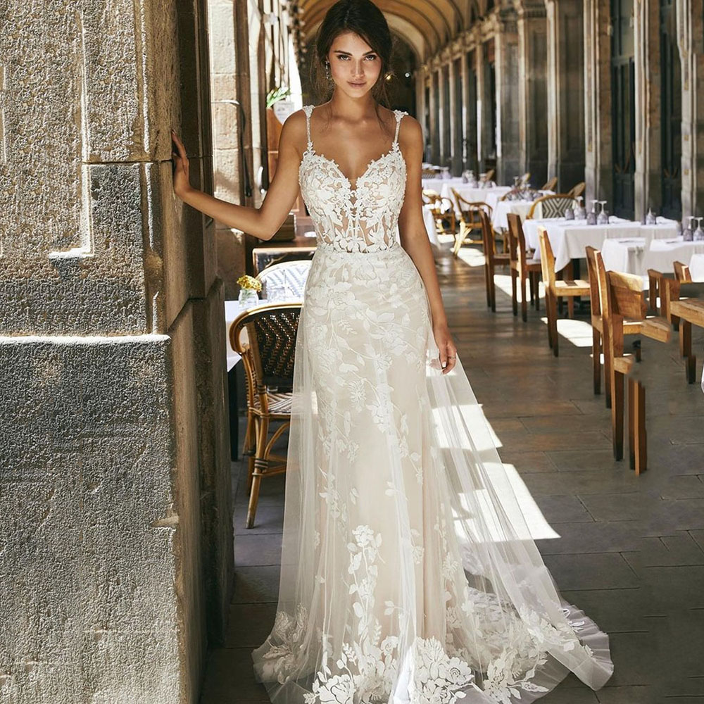 Wedding Dresses With Detachable Train Lace Embroidery Flower Bridal Gown Spaghetti Strap Backless vestido de novia