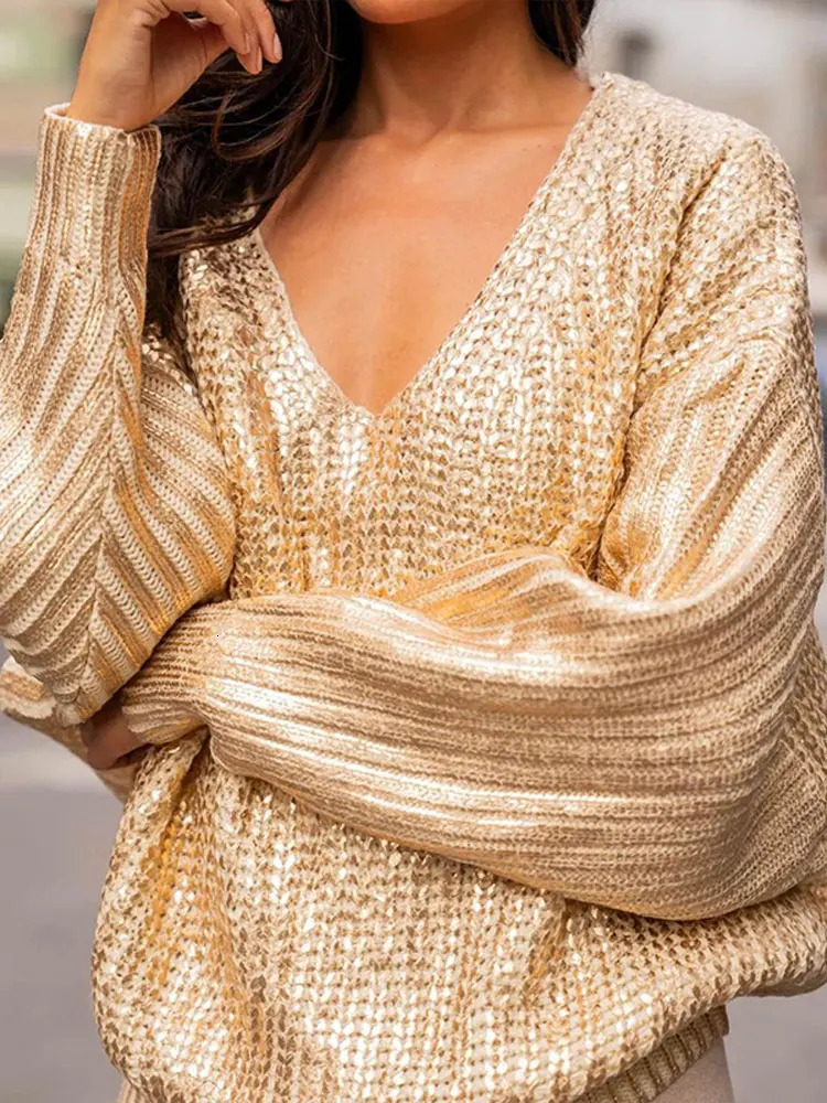 Women Fashion V Neck Metallic Color Ribed Knit Pullover Autumn Winter Warm Long Sleeve Lowcut Sweater 2023 Lady Causal Knitwear 240105