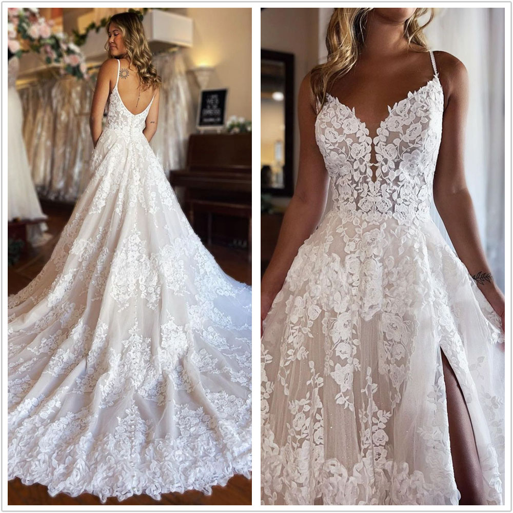 2024 Ivory A Line Wedding Dresses Spaghetti Straps Illusion Lace Appliques Beads Bridal Gowns Plus Size Sweep Train Vestido De Novia Side Split Open B