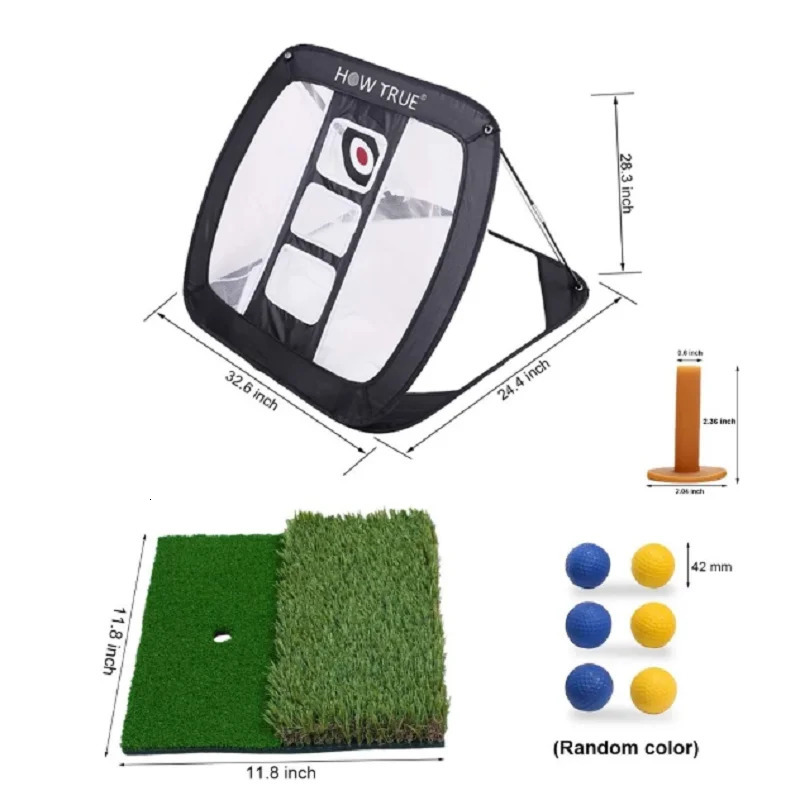 Pop Up Golf Chipping Net Dual Turf Hitting Mat with 3 Rubber Tees Combo 6 Training Balls for Practice 240104
