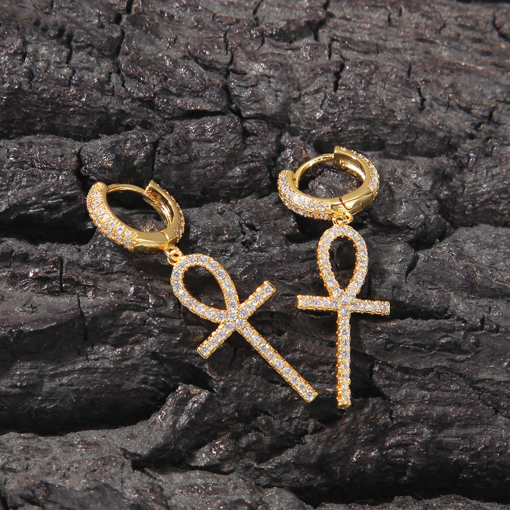 Hip Hop Shining Cross Drop Earrings Full White Zircon Dangle Earrings 18K Real Gold Plated Religion Jewelry