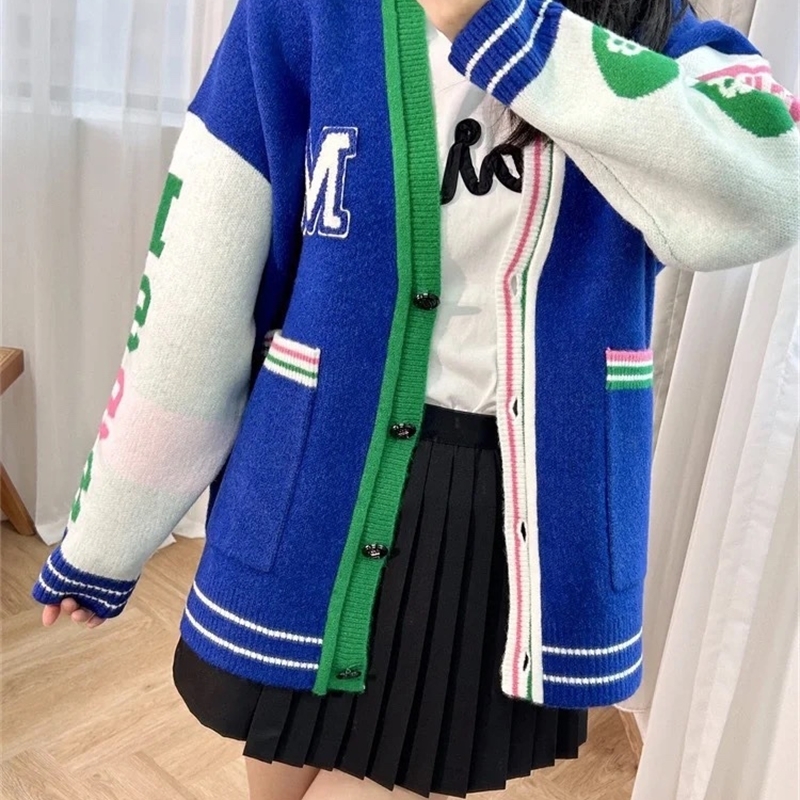 Ladies Color Block Plaid Long-Sleeved Cardigan Early Autumn Female V-Neck Single-Breasted S Loose Lazy Sweater Coat 231229