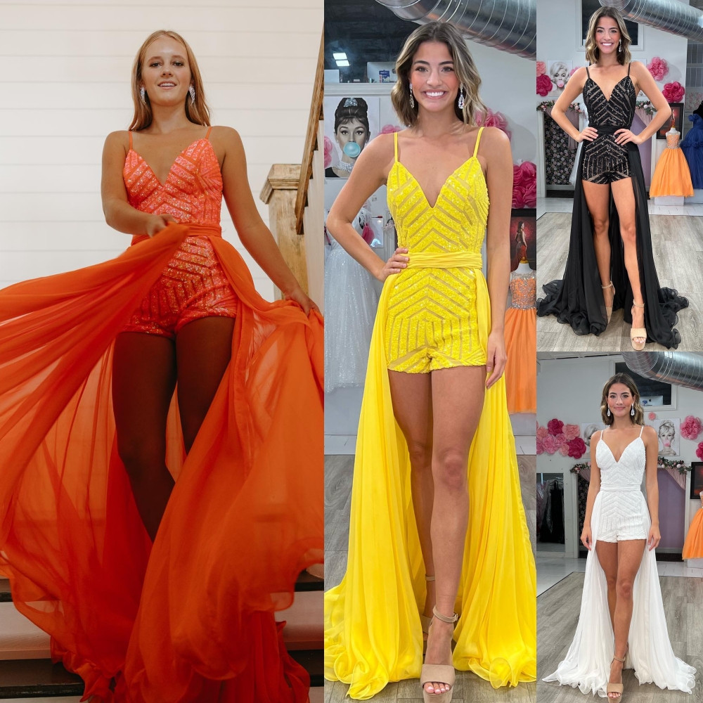 Neon-Orange Sequins Prom Dress Romper 2k24 Long Chiffon Overskirt Fitted Preteen Lady Pageant Winter Formal Evening tail Party Hoco Gala Gown Jumpsuit
