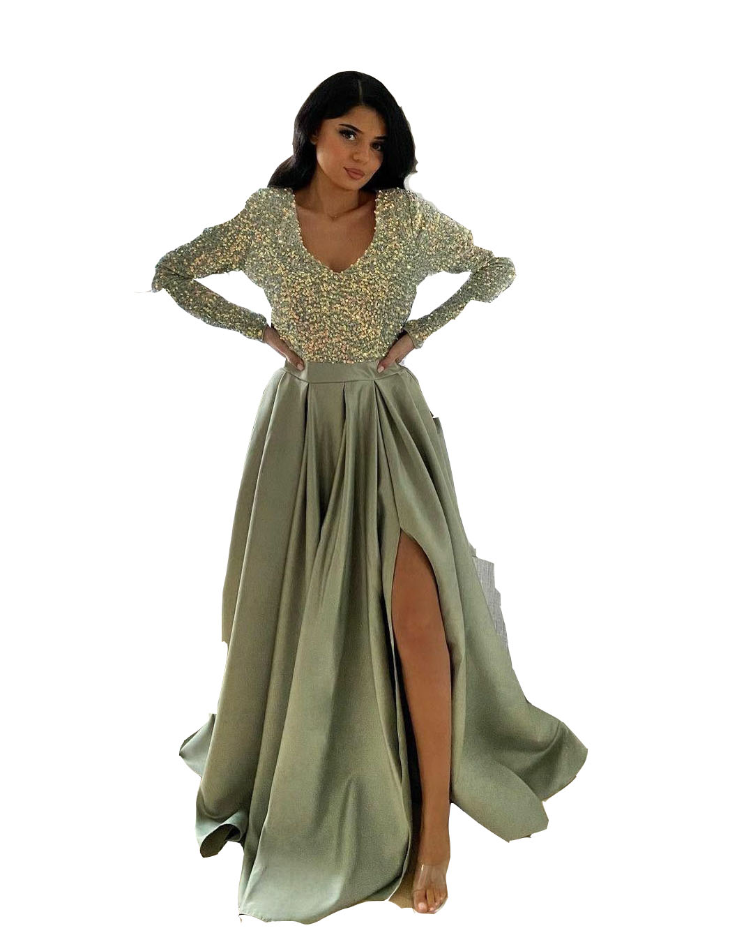 2024 Glitter Sexy Prom Dresses V Neck A Line Satin Long Sleeves Plus Size Sage Sequined Lace Floor Length Side Split Evening Gowns