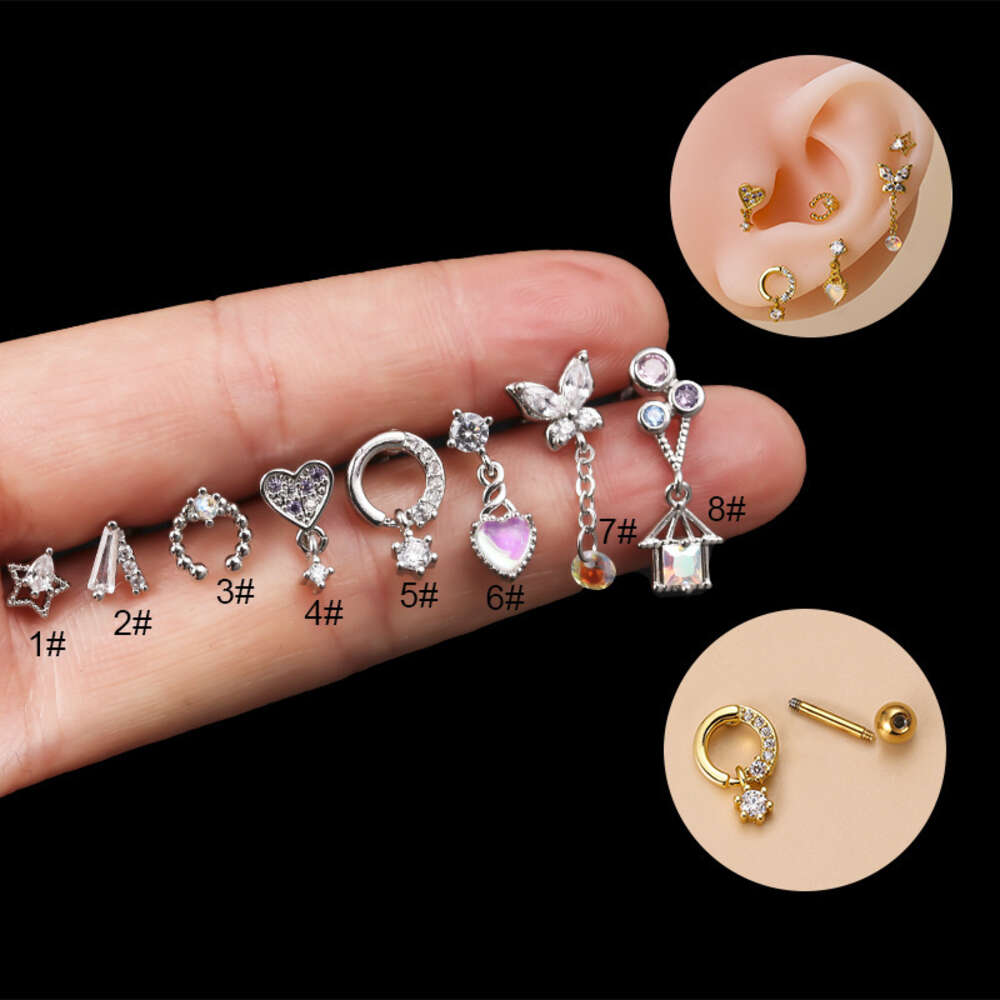 Surgical Stainless Steel Star Heart Butterfly Ball Screw Barbell Earring Studs Earrings Bling Cz Cubic Zaircon Single Cartigale Piercing Wolf Tide Jew