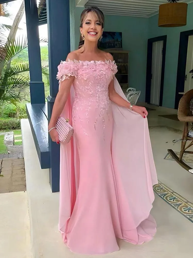 Elegant Pink Mother Of The Bride Dresses With 3D Floral Appliques Off The Shouder Long Wedding Guest Dress Custom Made Women Formal Occasion Gown Even