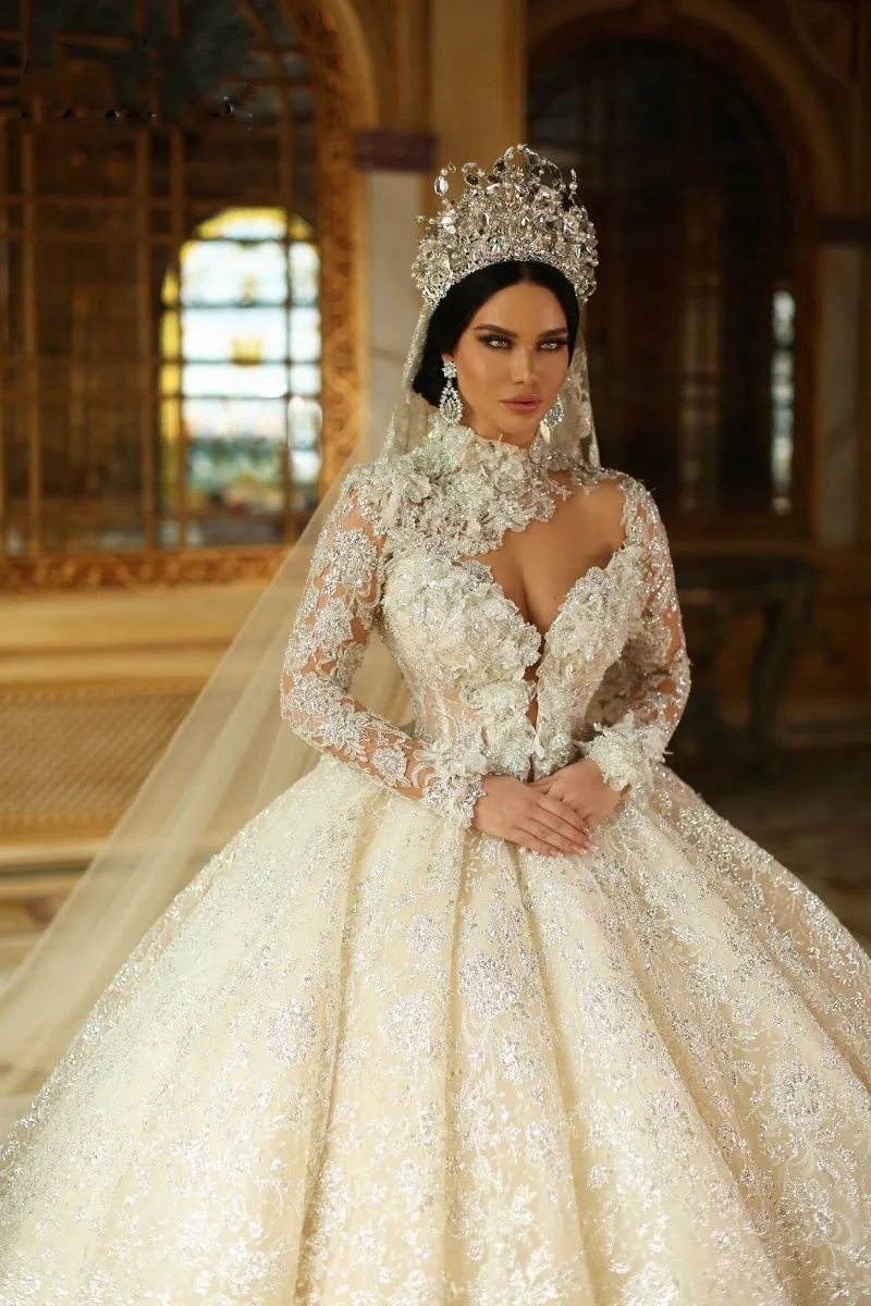 Lace Full Wedding Dresses Long Sleeves Vintage Sequinn High Neck Vestios De Novia Princesa 2024 Arabic Dubai Bridal Gowns