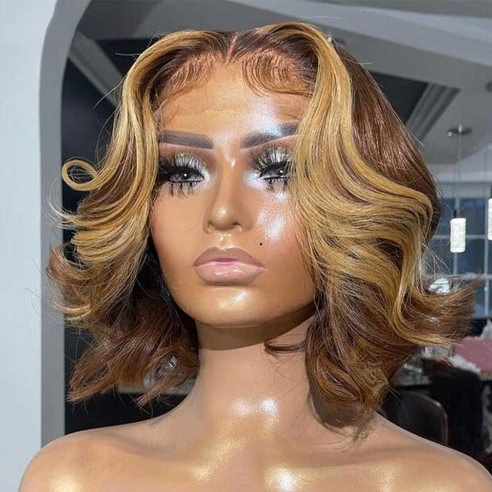 Free shipping Highlight Short Bob Body Wave 13x4 Frontal Human Hair Wigs Brown Blonde Transparent Lace Synthetic Wig For Women