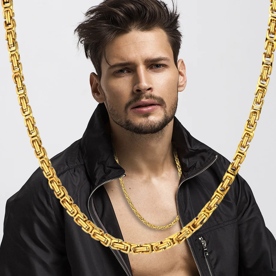 Men's Gold Chain Necklace 20 23 26 Male Corrente Gold Color Stainless Steel Necklace Byzantine Chains For Men Jewelry 240104