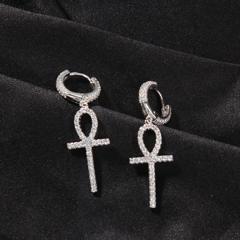 Hip Hop Shining Cross Drop Earrings Full White Zircon Dangle Earrings 18K Real Gold Plated Religion Jewelry