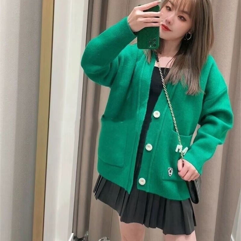 Ladies Color Block Plaid Long-Sleeved Cardigan Early Autumn Female V-Neck Single-Breasted S Loose Lazy Sweater Coat 231229