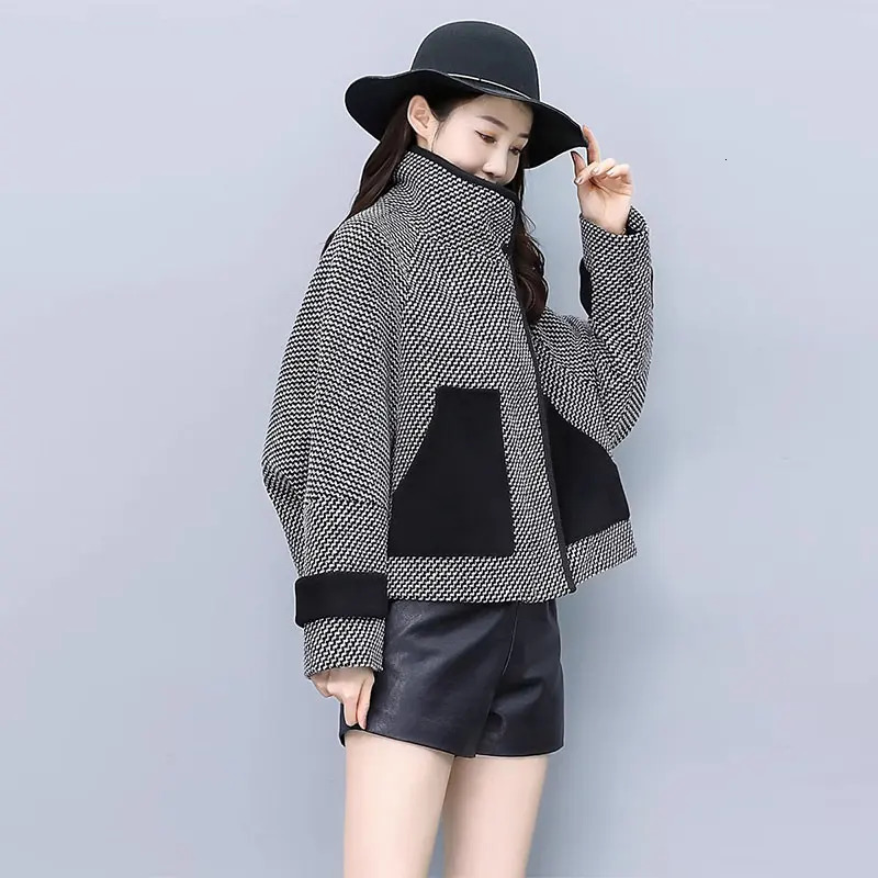 Fashion Trend Short Woolen Coat Women Winter Bat-Sleeve Suit Collar Thousand Bird Check All Match Woolen Coats female 231229