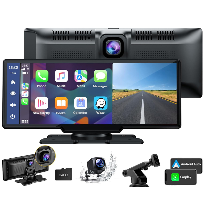 10.26 Stereo Apple Carplay Android Auto 2.5K Dash Cam,1080P Backup Camera Car Radio with Bluetooth/Mirror Link/Maps Navigation/Voice Control/64GTF Car