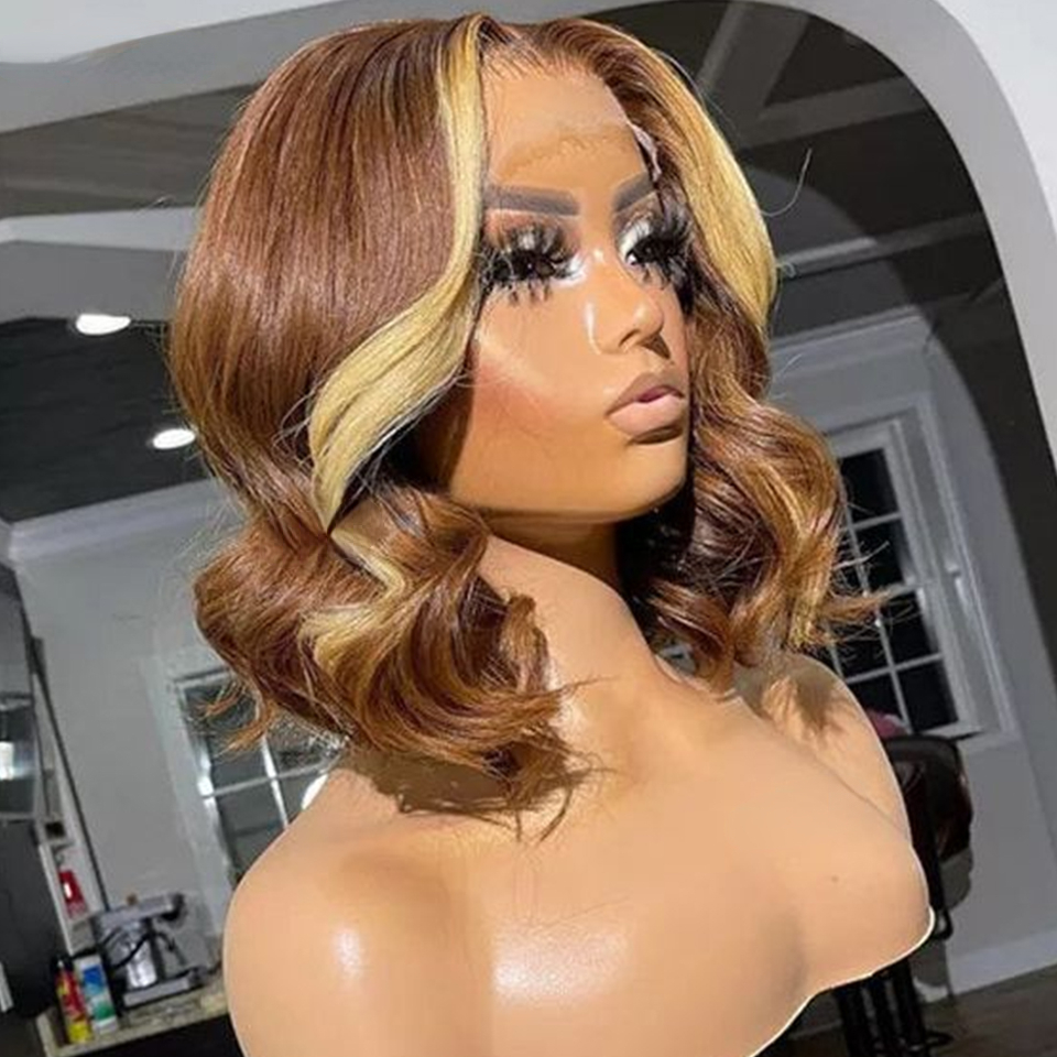Free shipping Highlight Short Bob Body Wave 13x4 Frontal Human Hair Wigs Brown Blonde Transparent Lace Synthetic Wig For Women