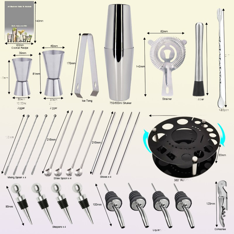 Bar Tools Bartender Kit 130piece Cocktail Shaker Set with Stainless Steel Rotating Stand Bar Tool for Gift Experience for Drink Mi4835727