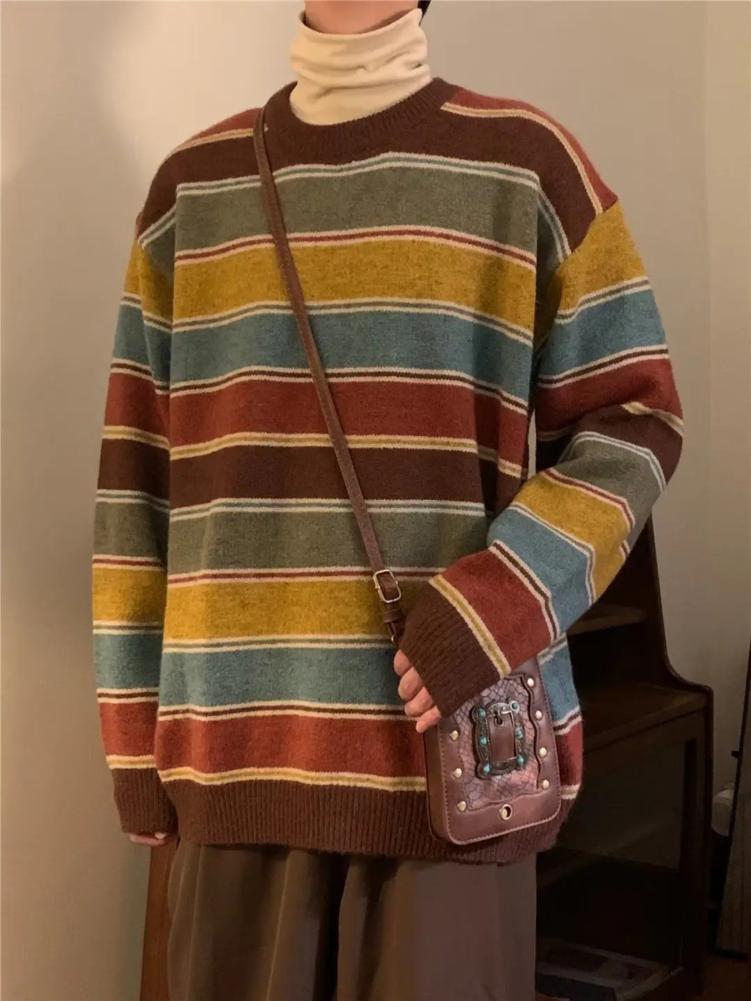 American Retro Couple Rainbow Stripe Round Neck Knitted Sweater for Men and Women in Autumn and Winter Loose Casual Top y2k 240105