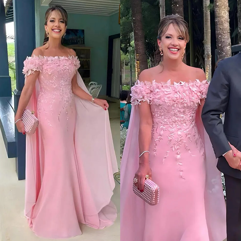 Elegant Pink Mother Of The Bride Dresses With 3D Floral Appliques Off The Shouder Long Wedding Guest Dress Custom Made Women Formal Occasion Gown Even