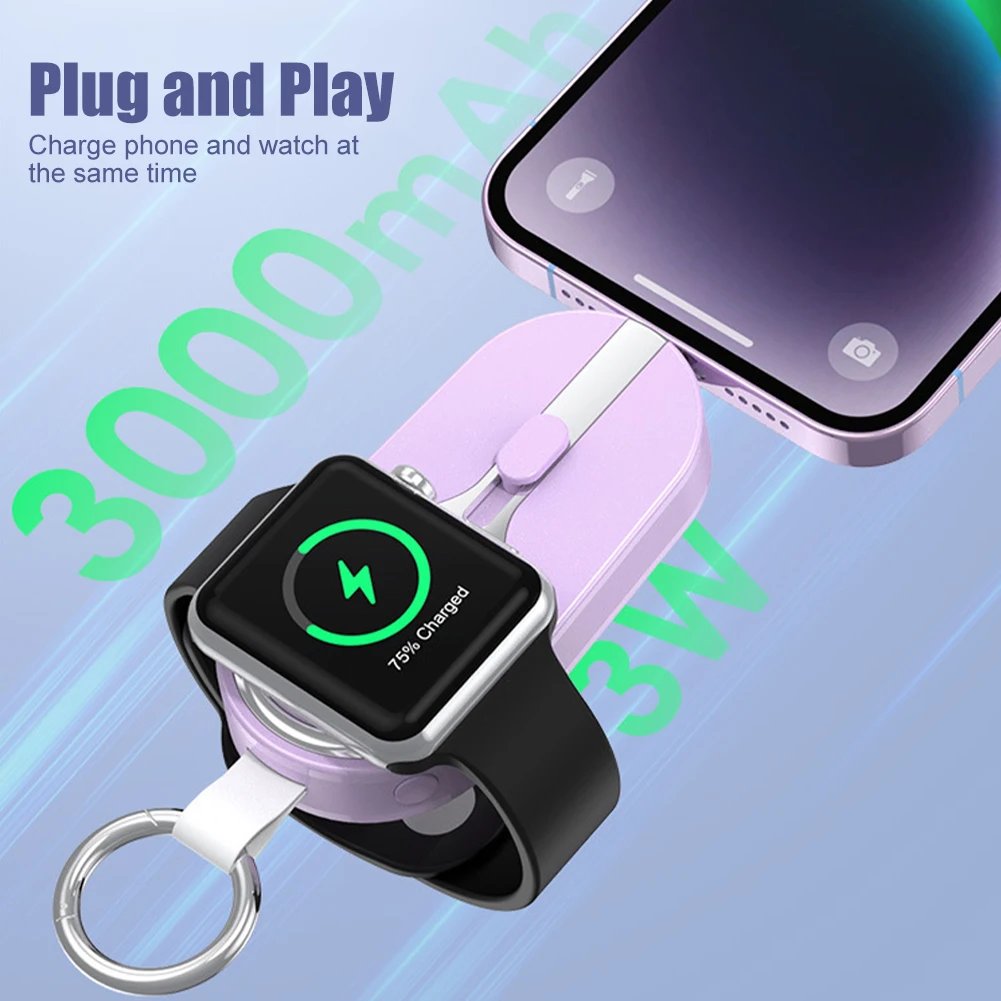 3000mAh Solar Fast Charging Type-C/For IPhone Wireless Charger For Apple Watch Portable External Power Bank Keychain