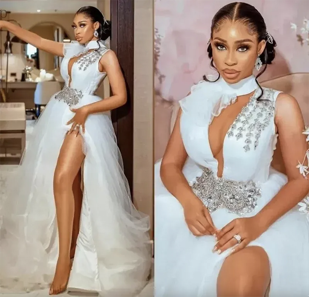 Plus Size African Wedding Dresses High Neck Keyhole Sleeveless Bridal Custom Made Crystal Beads Side Split Open Back Or Length Dress 0228Lz