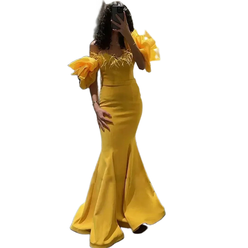 Elegant Yellow Satin Long Mermaid Prom Dresses Feathers Off The Shoulder Ruffles Short Sleeves Sweetheart Slim Evening Dress Women Formal Occasion Gow