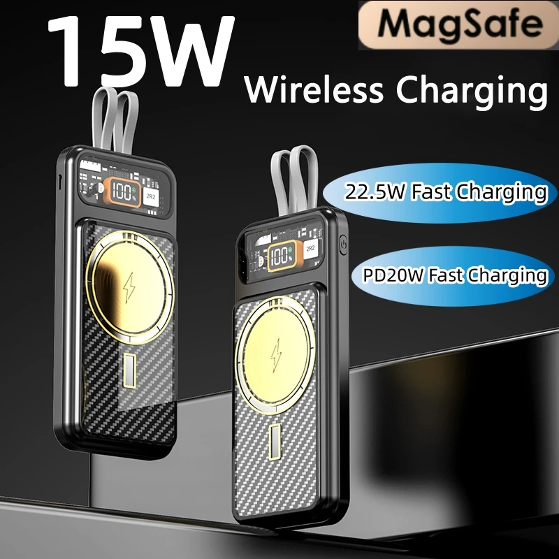 15W Magnetic Qi Wireless 20000mAh Power Bank for iPhone 14 13 Huawei Samsung Powerbank Portable Charger Built in Cable