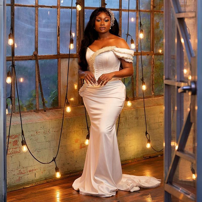 Ebi Aso Prom Mermaid Off Shoulder Pearls Formal Evening Dresses Eleagnt For African Black Women Birthday Party Dress Second Reception Gowns Ocns ST 02