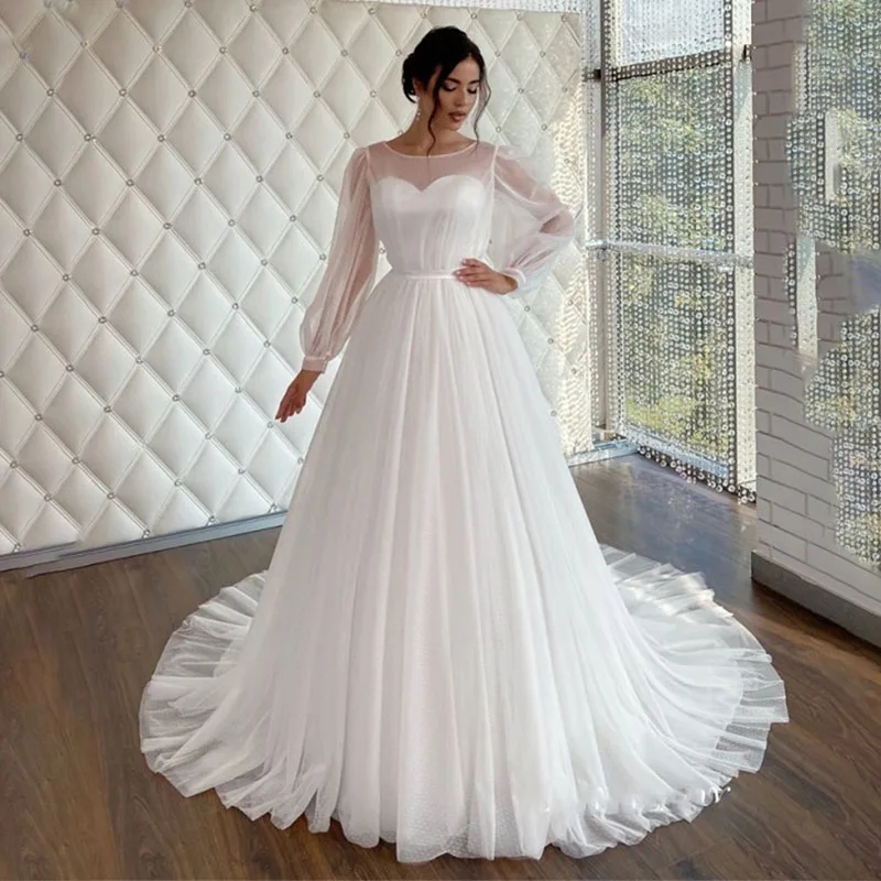 Modern A-line Wedding Dress 2024 Long Puffy Sleeves Sheer Scoop Neck Dot Tulle Sweep Train Bridal Formal Party Gowns Vestidos De Novia