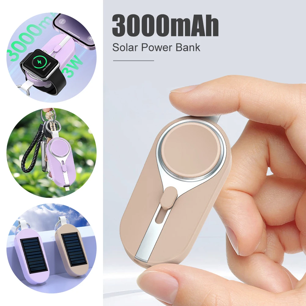 3000mAh Solar Fast Charging Type-C/For IPhone Wireless Charger For Apple Watch Portable External Power Bank Keychain
