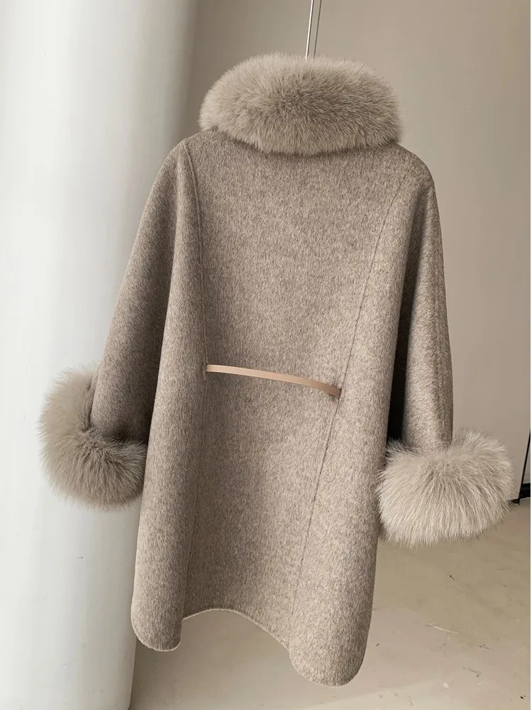Arrivals Women Winter Wool Cape Fashionable Cashmere Wool Poncho Lady Real Fox Fur Cloak Fur Collar Cuff Jackets Streetwears 240105