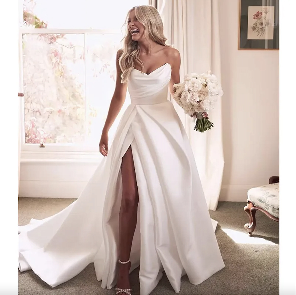 Country Style 2023 Side Split A Line Bridal Gowns Strapless Neck Plus Size Sweep Train Satin Vestido De Novia Wedding Dresses 0509