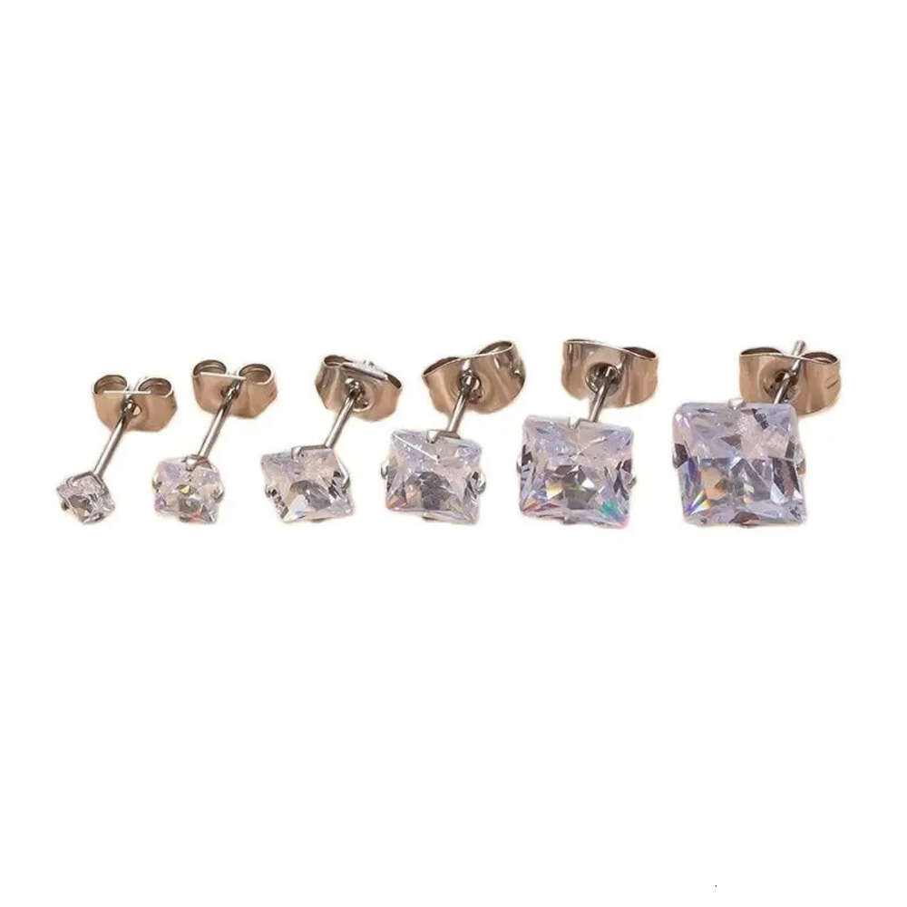 3-8mm Vintage Iced Out Cubic Zirconia Square Stud Earring Bling Prong Cz Stone Surgical Titanium Stainless Steel Wolf Tide Piercing Jewelry Bijoux Who
