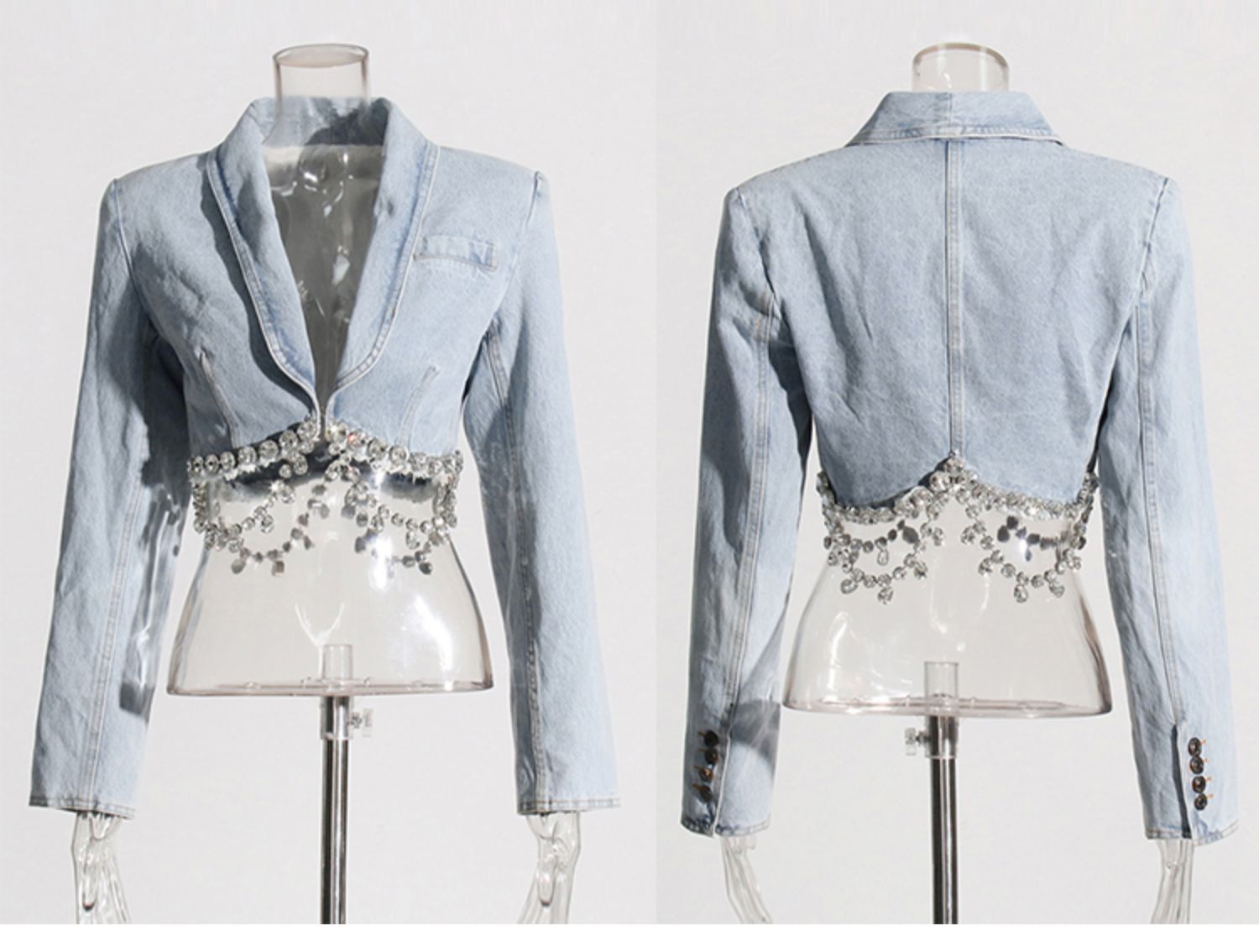 Women's spring new denim jeans diamonds rhinestone chains patchwork blazer coat and skirt twinset 2 pc dress suit SML