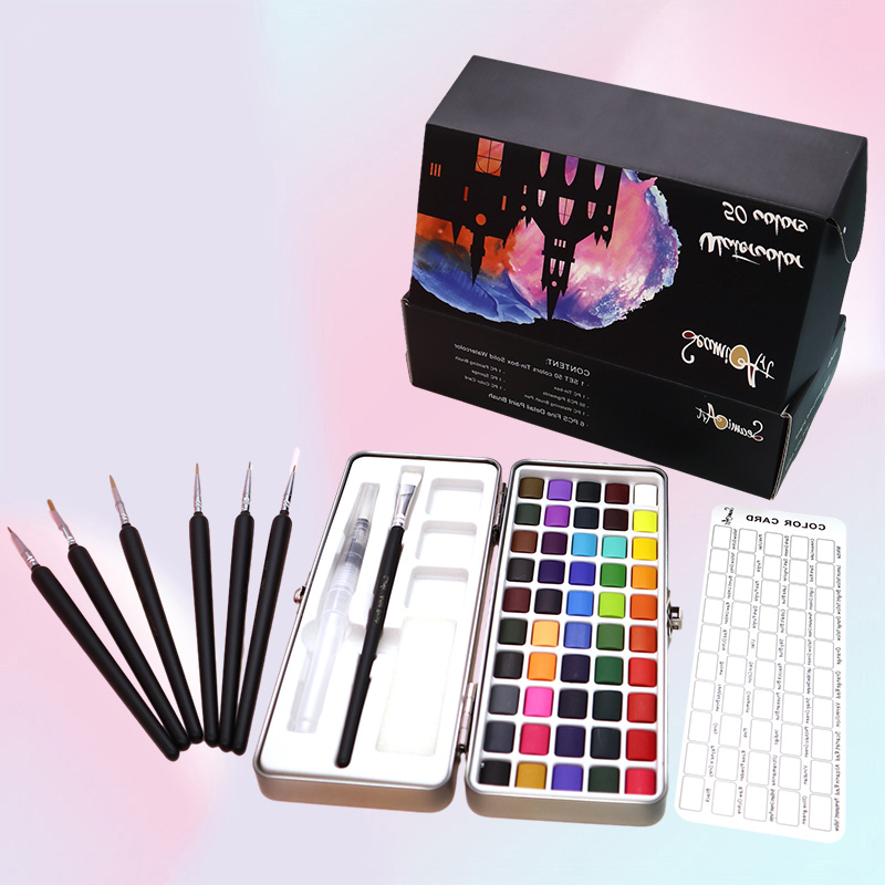 Painting Supplies SeamiArt 50Color Solid Watercolor Paint Set Portable Metal Box Watercolor Pigment for Beginner Drawing Watercolo5270295